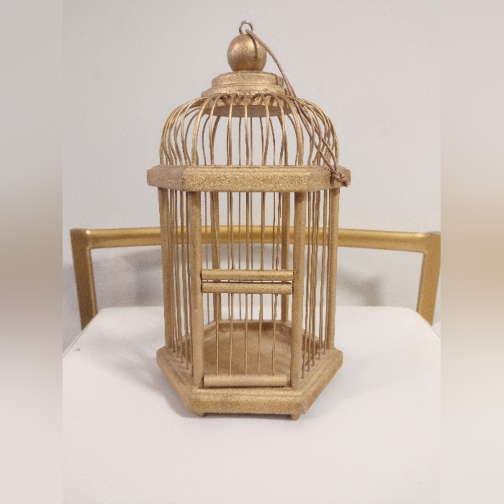 Birdcage - 6 x 11.5" wooden, gold painted birdcage